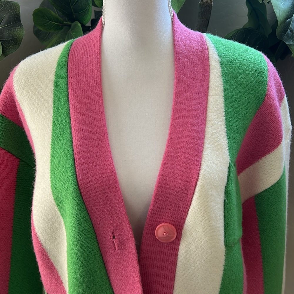 😊 Pink and Green Color-Block Cardigan Sweater - Picture 3 of 7